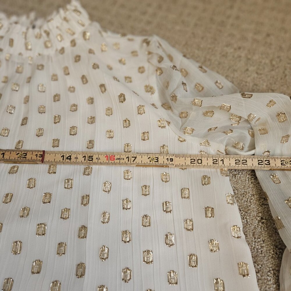 LOFT Clip Ruffle Smocked Blouse Women SZ Medium gauzy top lightweight lined Gold - Picture 13 of 15